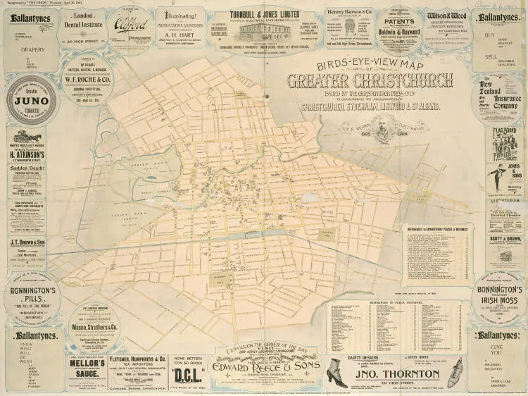Birds-eye-view map of greater Christchurch.