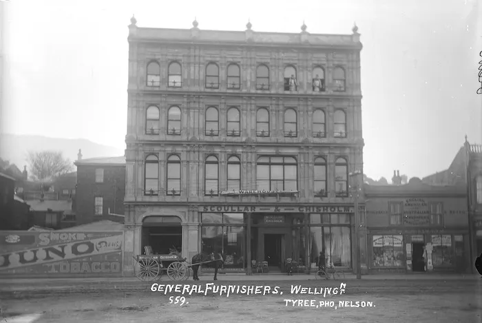 Business premises of Scoullar & Chisholm, furnishers, and MacKay, bookseller, both on Lambton Quay, Wellington