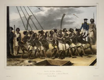 Image: Sainson, Louis Auguste de, b. 1801 :Baie Houa-Houa ; Naturels executant une danse a bord de l'Astrolabe (Nouvelle-Zelande) / de Sainson pinx. ; Raffet lith ; J Tastu editeur ; Lith. de Lemercier. - [Paris] ; [1833]