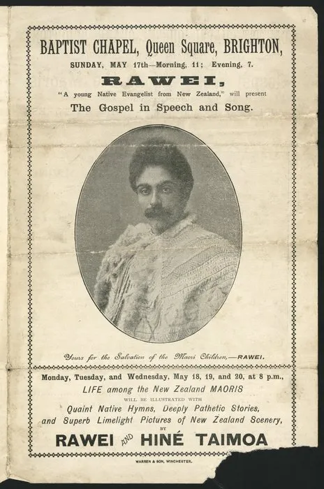 Pamphlet advertising performances by Wherahiko Rawei and Hine Taimoa