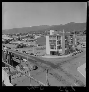 Image: Queens Drive with Laings Road in foreground and NIMU Insurance Company building on corner, Lower Hutt