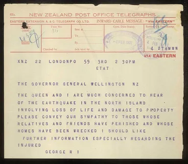 Image: 1931 Hawke's Bay Earthquake - Telegram from King George V