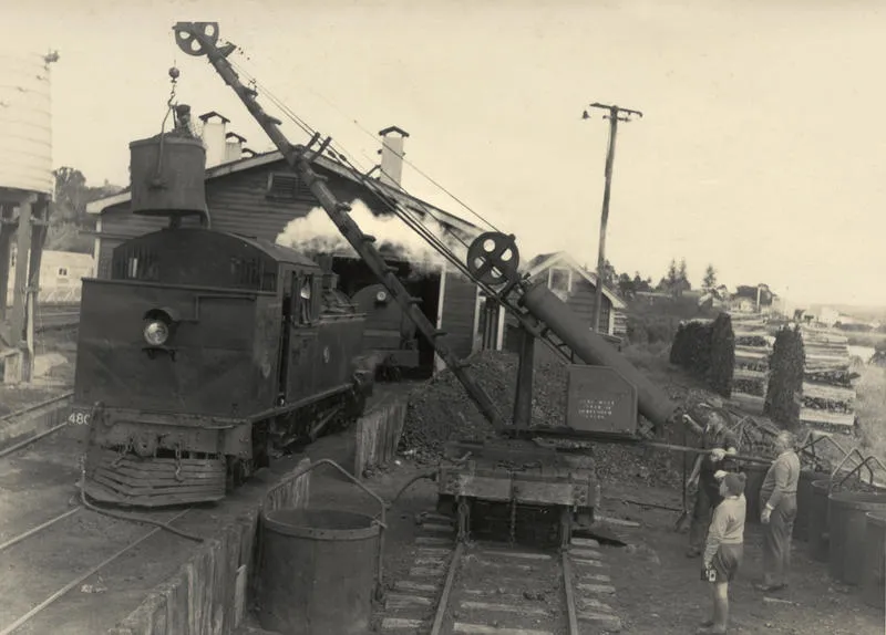Shunting engine loading coal, Helensville station