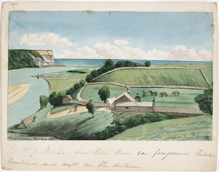 Cooper, Alfred John 1831-1869 :Waiparu-paru. Mohaka 1860 Mouth of Mohaka. Sims' Public House in foreground. Riddle's woolshed and craft in the distance.