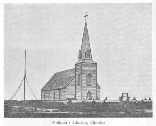 Volkner's Church, Opotiki — Showing the church entrenched by the colonial troops, 1865