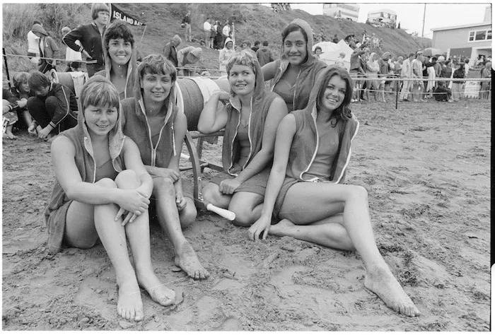 Group of women at the Surf Life Saving National Championships, Titahi Bay, Porirua, New Zealand