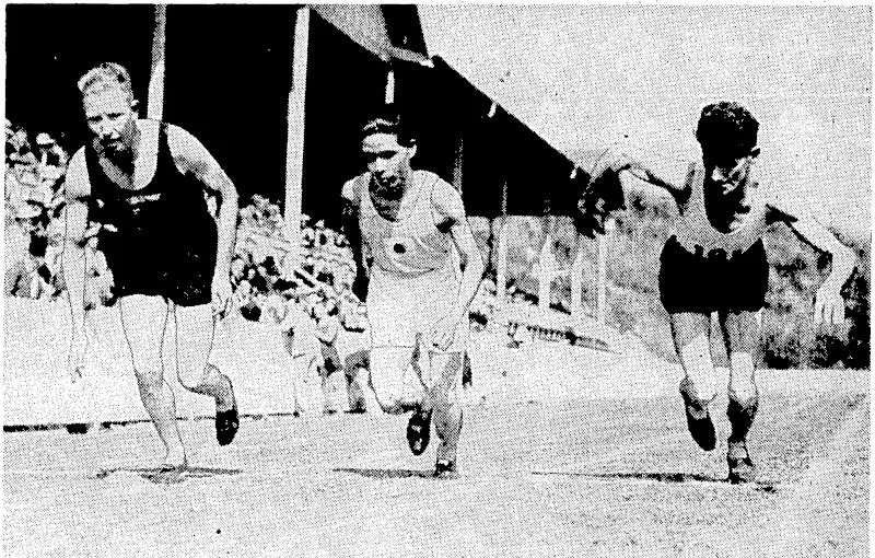 Start of the special two-mile invitation handicap held at Auckland on Saturday. .This ivas the first appearance of the Japanese athletes, K. Murakoso and K. Togami. The runners are Cooper, Murakoso, and Savidan, the New Zealand distance champion. Murakoso gained a decisive win and came close to the New Zealand record set up .by Randolph Rose in 1927. (Evening Post, 22 February 1937)
