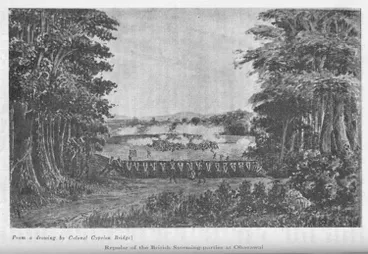 Image: From a drawing by Colonel Cyprian Bridge] — Repulse of the British Storming-parties at Ohaeawai