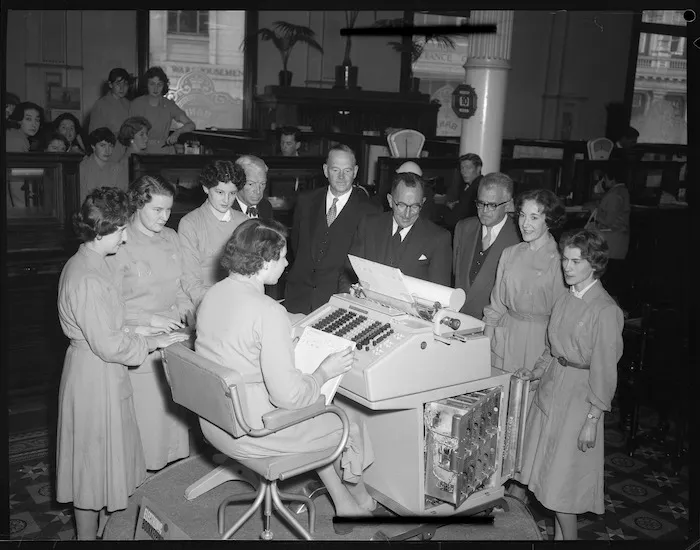 Bank of New Zealand staff and the first electronic book-keeping machine, Wellington