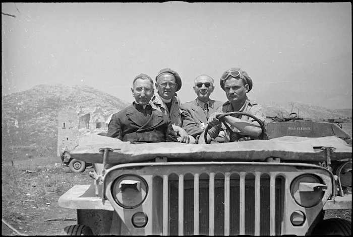 Chief Prior of Abbey Cassino returns to the ruins of the Monastery in an army jeep, Italy, World War II - Photograph taken by George Frederick Kaye