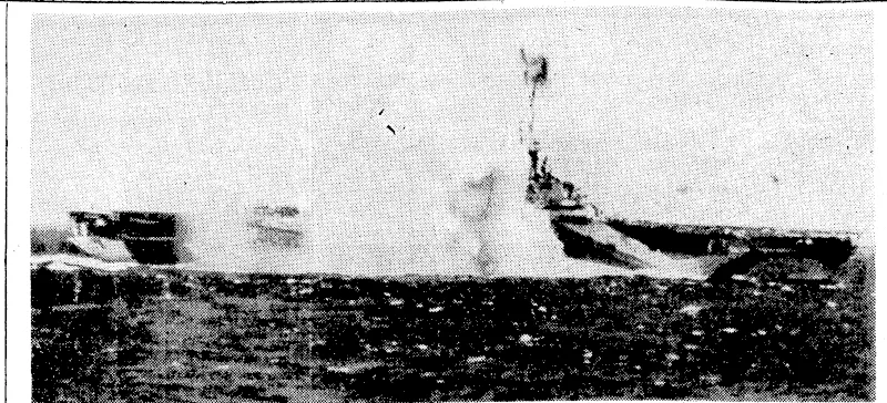 The Japanese singled out the U.S.S. Ticonderoga, new Essex-class aircraft-carrier, for attention early in her career in the Pacific. Jn this picture a suicide plane makes a crash-dive at the Ticonderoga in an action off the coast of Luzon, but hits the water close aboard. Eventually, off the coast of Formosa, the big flat-top was hit by two suicide planes within half an hour. (Evening Post, 06 August 1945)