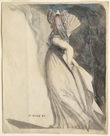 Image: A Woman with a fan, standing, seen from the back