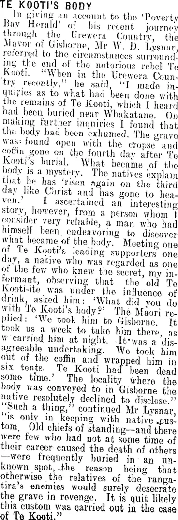 Image: TE KOOTI'S BODY. (Clutha Leader 15-2-1910)