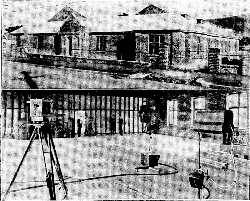 Top a view of the building, just completod at Miramar, which is to be used for the production of cinematograph films by the Government Publicity Department. Below is tho interior of the studio portion of the building, which is to De used for making suitable prorogues and epilogues for New Zealand scenic films, which havo proved so popular in otfiei parts <uf tho world. (Evening Post, 11 August 1928)