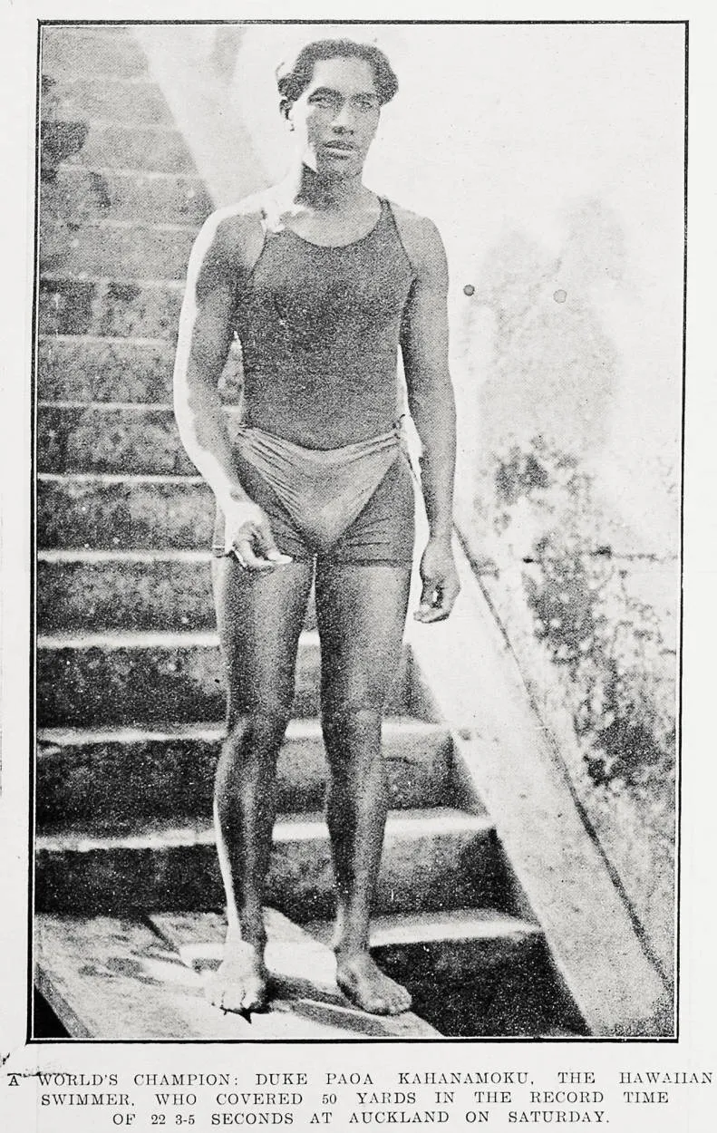 A world's champion: Duke Paoa Kahanamoku, the Hawaiian swimmer, who covered 50 yards in the record time of 22 3-5 seconds at Auckland on Saturday