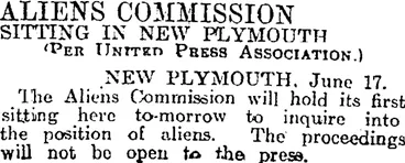 Image: ALIENS COMMISSION (Otago Daily Times 18-6-1915)