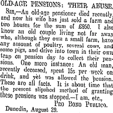 Image: OLD-AGE PENSIONS: THEIR ABUSE. (Otago Daily Times 2-9-1907)