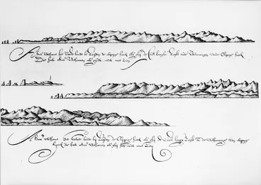 Image: Gilsemans, Isaac :Thus appears the main land to south of the Rocky Point [Cape Foulwind] when you sail along the coast and views of the Rocky Point which appear thus as you can see below. [December 1642]