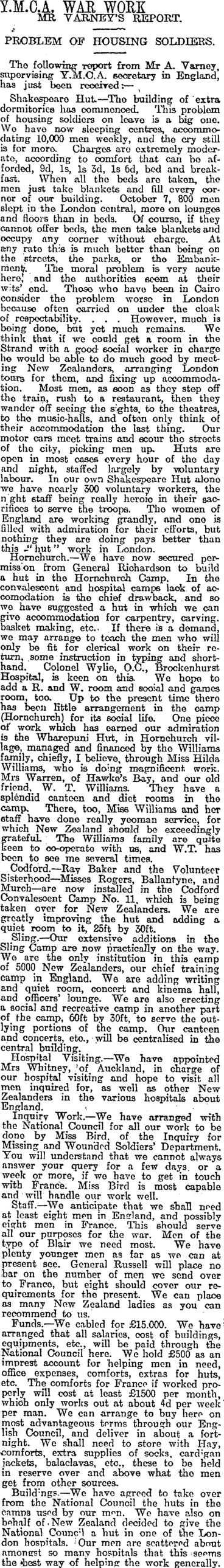 Image: Y.M.C.A, WAR WORK (Otago Daily Times 12-1-1917)