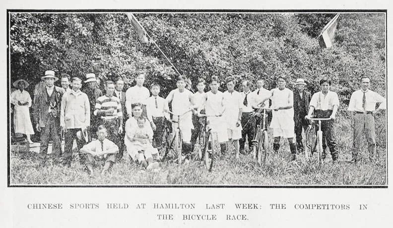Chinese sports held at Hamilton last week: the competitors in the bicycle race