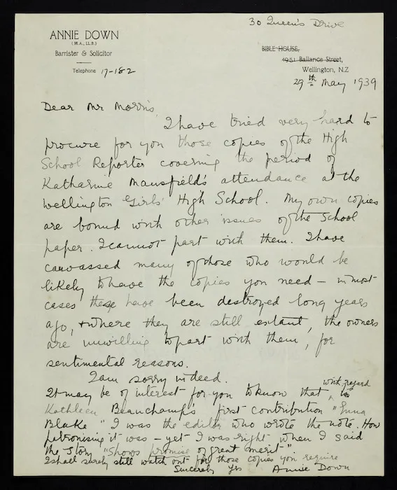 Short stories by Katherine Mansfield; three letters