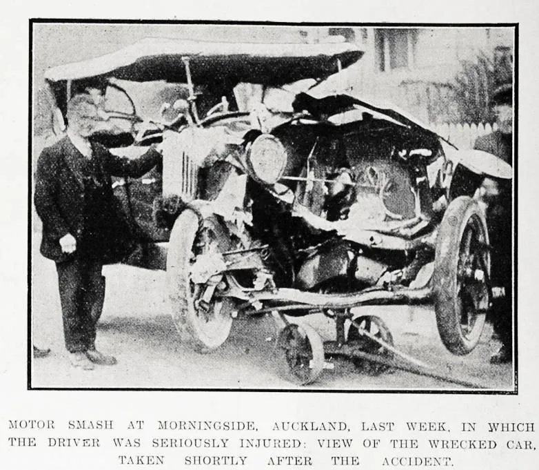 Motor smash at Morningside, Auckland, last week, in which the driver was seriously injured : view of the wrecked car. taken shortly after the accident