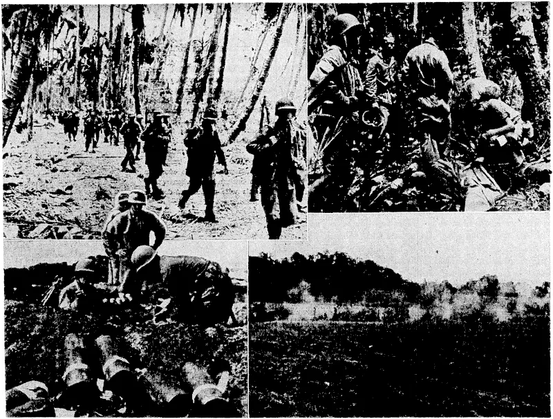 United States marines holding Guadalcanal. Top left, a force of marines marching through what had been a Japanese position in the early stages of the fighting. Top right, marines rigging up lines of communication. Bottom left, calmly going through their business under fire, a crew of United States marines set up a trench mortar on the beach at Guadalcanal. Bottom right, a United States battery of 75mm. howitzers blazing away at Japanese positions during a heavy engagement. (Evening Post, 14 January 1943)