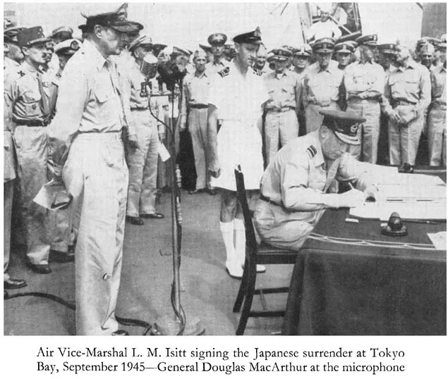 Air Vice-Marshal L. M. Isitt signing the Japanese surrender at Tokyo Bay, September 1945—General Douglas MacArthur at the microphone