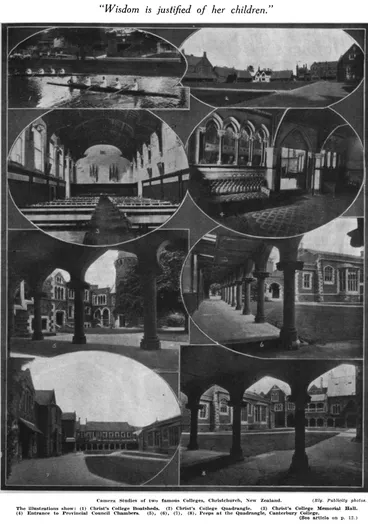 Image: Camera Studies of two famous Colleges, Christchurch, New Zealand. (Rly. Publicity photos.) — The illustrations show: (1) Christ's College Boatsheds. (2) Christ's College Quadrangle. (3) Christ's College Memorial Hall. (4) Entrance to Provincial Council...