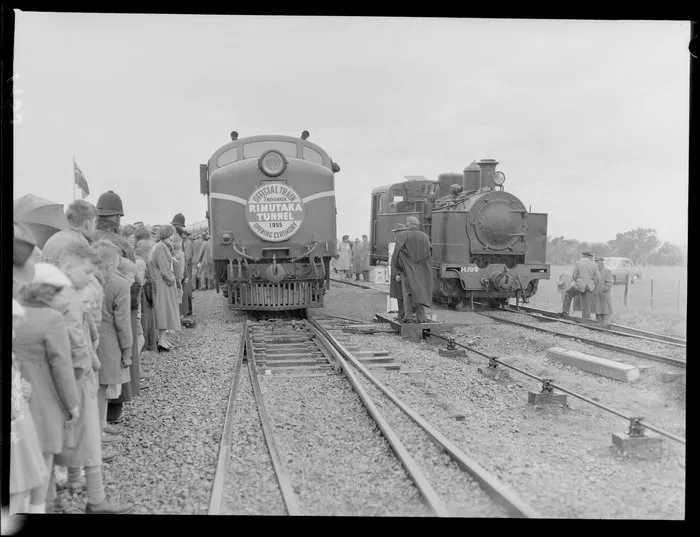 Official train 3 November 1955 inaugurating service on the Rimutaka Railway Tunnel, showing a diesel engine and a Fell steam locomotive