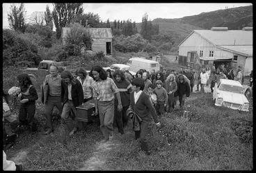 Image: Coffin of James K Baxter being carried to the cemetery at Jerusalem
