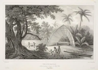 Vue d'un hangar arbitant la pirogue de guerre du Chef Palou