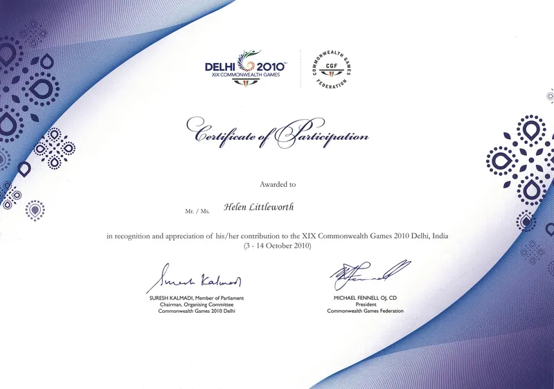 Delhi 2010 XIX Commonwealth Games Certificate of Participation