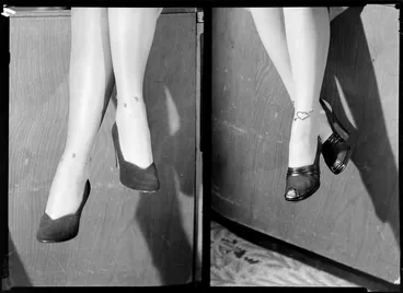Image: Feet modelling high heeled shoes & jewelled stockings [two images]