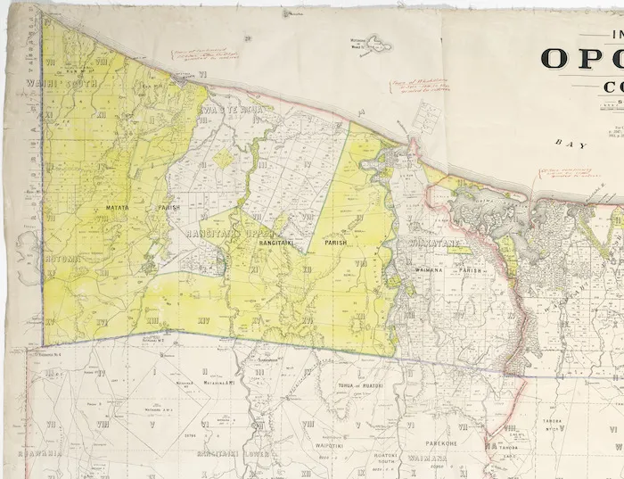 [Sims Commission?] :[Map showing Maori land confiscation in Bay of Plenty Confiscation area] [map with ms annotations]. [1927?]