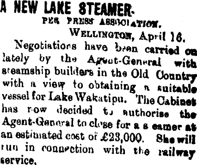 A NEW LAKE STEAMER. (Taranaki Daily News 17-4-1902)