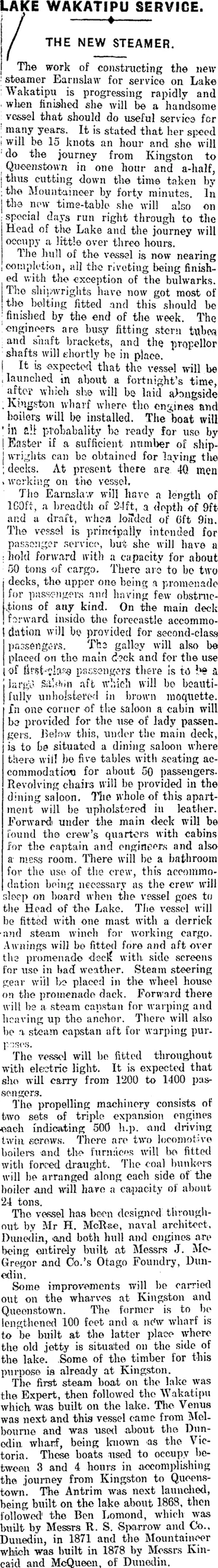 Image: LAKE WAKATIPU SERVICE. (Mataura Ensign 2-2-1912)