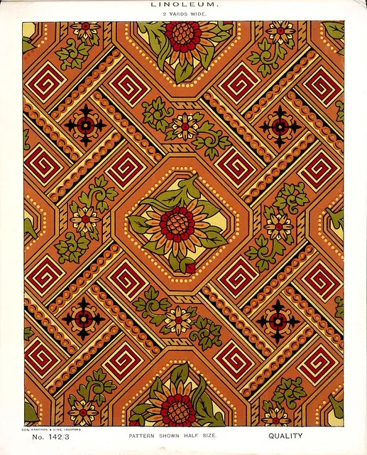 George Harrison & Co (Bradford) :Linoleum, 2 yards wide. [Victorian chinoiserie floral and leaf pattern]. No. 142/3. Pattern shown half size. [1880s?]