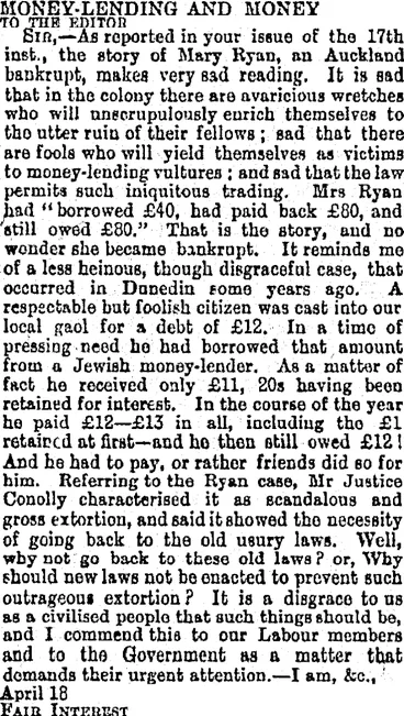 Image: MONEY-LENDING AND MONEY. (Otago Daily Times 21-4-1894)