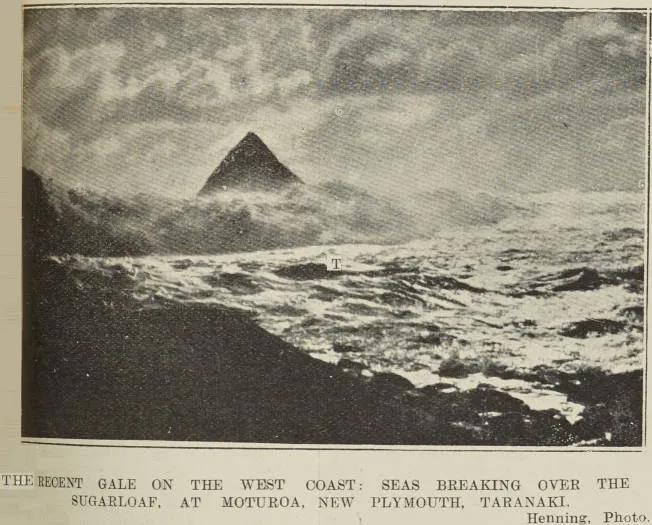 THE RECENT GALE ON THE WEST COAST: SEAS BREAKING OVER THE SUGARLOAF, AT MOTUROA, NEW PLYMOUTH, TARANAKI
