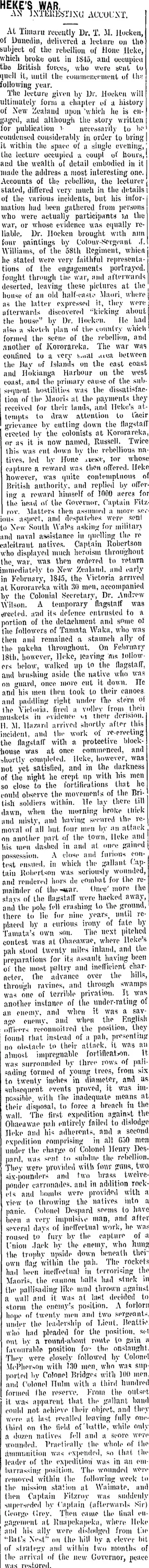 HEKE'S WAR. (Taranaki Daily News 14-4-1909)