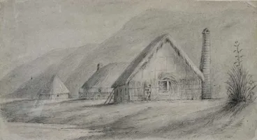 Image: Swainson, William : Hutts [sic] of the first settlers Petoni Beach. [1840s]. Drawings & Prints Collection, Reference No. A-190-013 Alexander Turnbull Library, Wellington, New Zealand