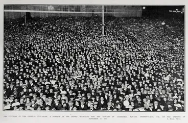 Image: THE INTEREST IN THE GENERAL ELECTIONS: A PORTION OF THE CROWD WATCHING FOR THE RESULTS IN CATHEDRAL SQUARE, CHRISTCHURCH, N.Z., ON THE EVENING OF NOVEMBER 17, 1908