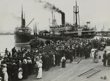 Image: Weekly Press, 1865-1928 (Newspaper) : Lyttelton wharf showing troopships and a crowd farewelling World War 1 troops