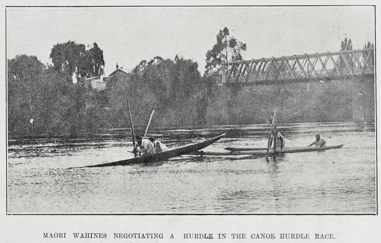 Māori Wahines Negotiating A Hurdle In The Canoe Hurdle Race