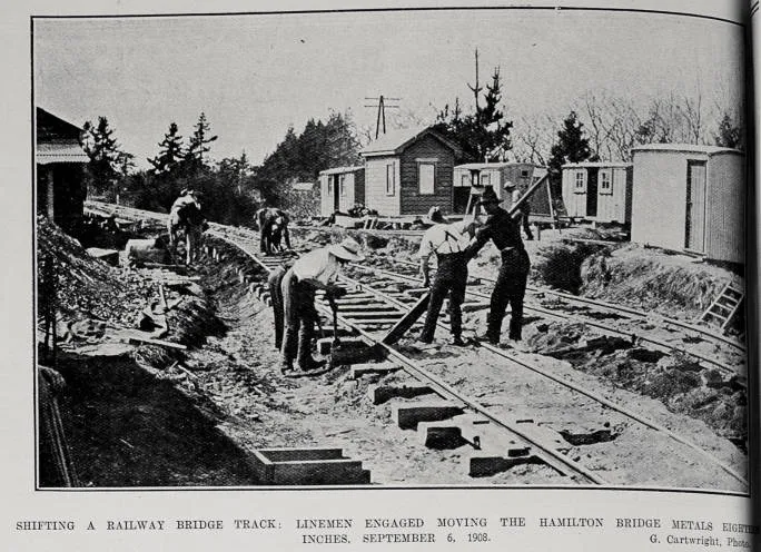 SHIFTING A RAILWAY BRIDGE TRACK: LINEMEN ENGAGED MOVING THE HAMILTON BRIDGE METALS EIGHTEEN INCHES, SEPTEMBER 6, 1908