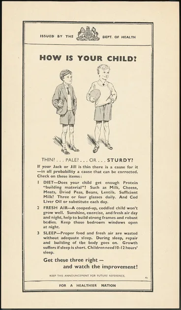 Image: New Zealand. Department of Health :How is your child? Thin? ... Pale? ... or ... sturdy? For a healthier nation. [ca 1945]