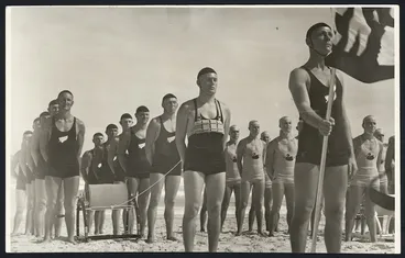 Image: Surf lifesaving teams at a surf carnvial, Bondi Beach, Sydney, Australia