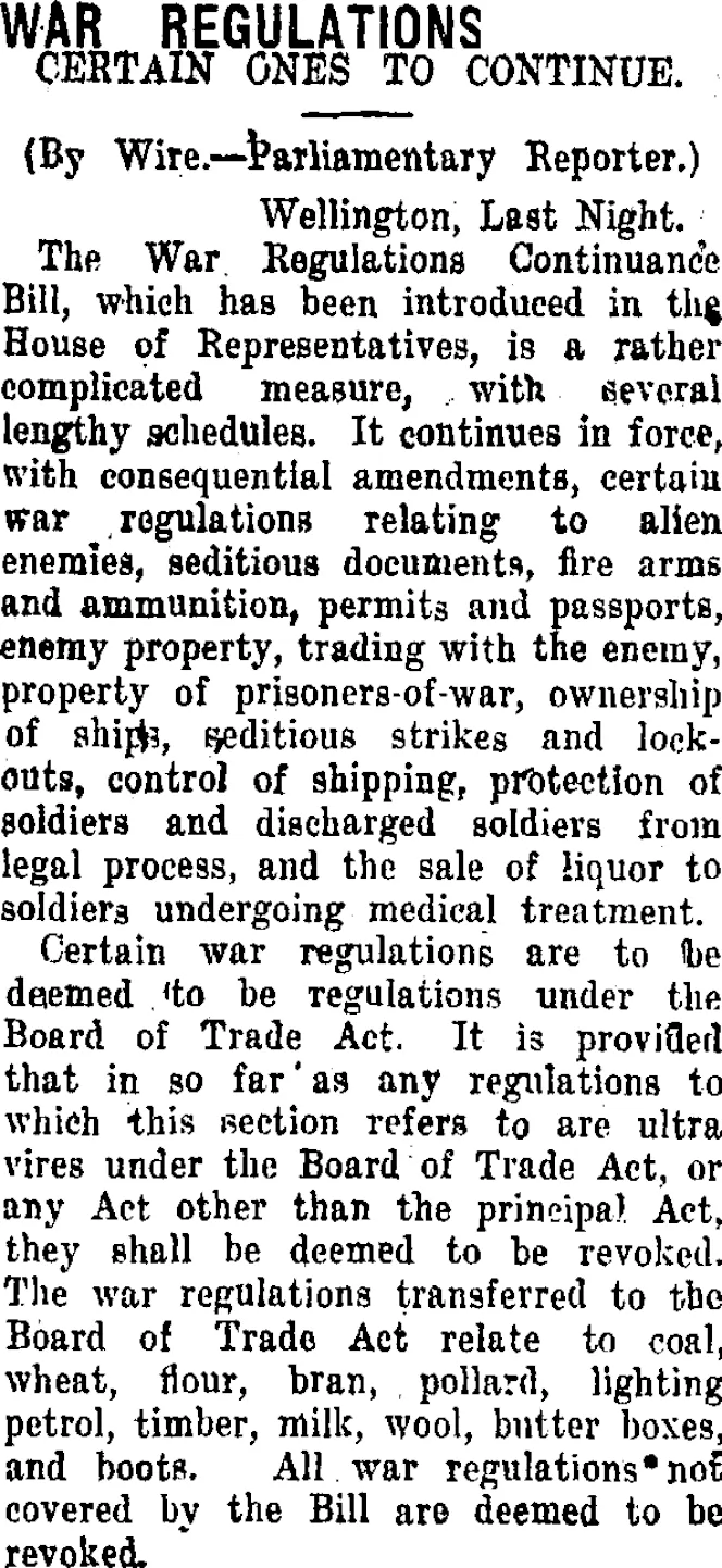 WAR REGULATIONS. (Taranaki Daily News 21-7-1920)