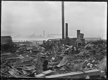 Image: Part 1 of a 2 part panorama showing the aftermath of a fire at Cook's Cooperage, Petone, 14 January 1914.
